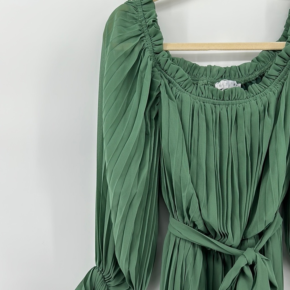 Baltic Born Green Long Sleeve Bishop Elastic Waist with Fabric Belt Sundress SzL - Picture 7 of 15